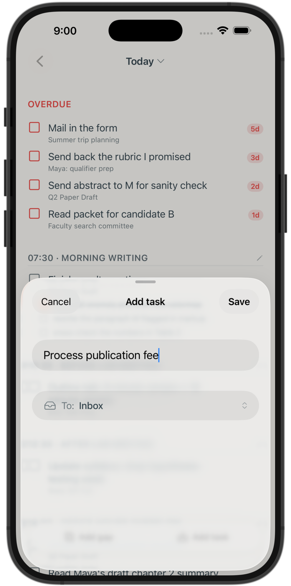 The capture sheet on iPhone: one text field, save, cancel
