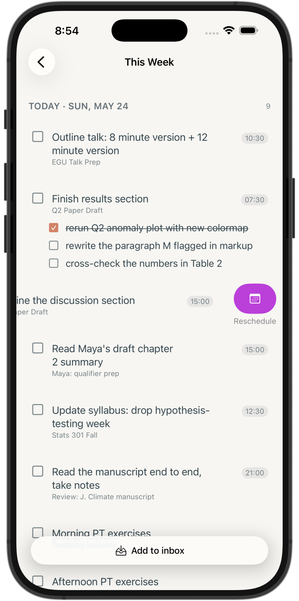 A task row showing the leading-swipe Deadline and trailing-swipe Reschedule reveals