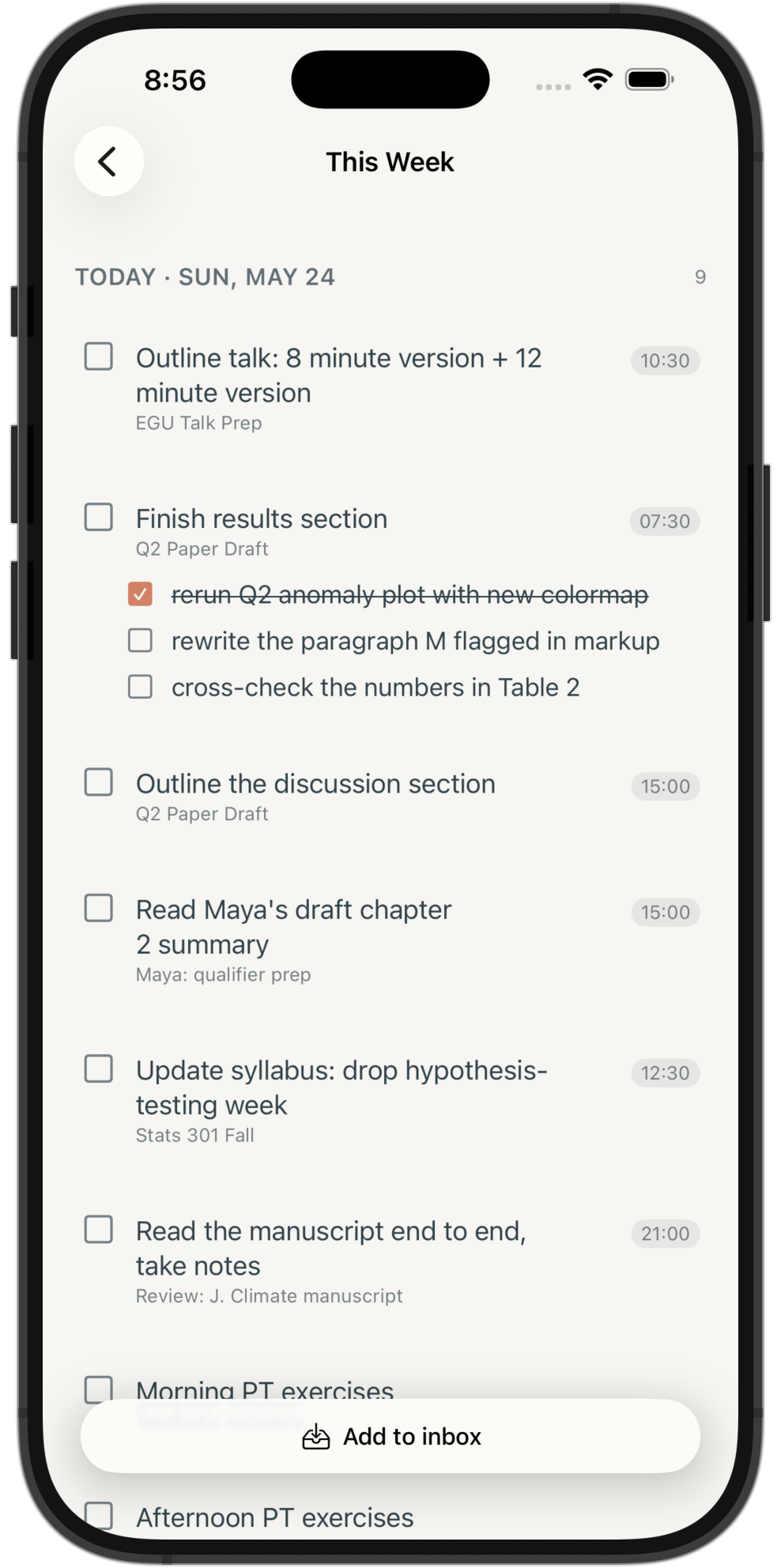 The This Week view on iPhone, showing seven days as scrollable sections