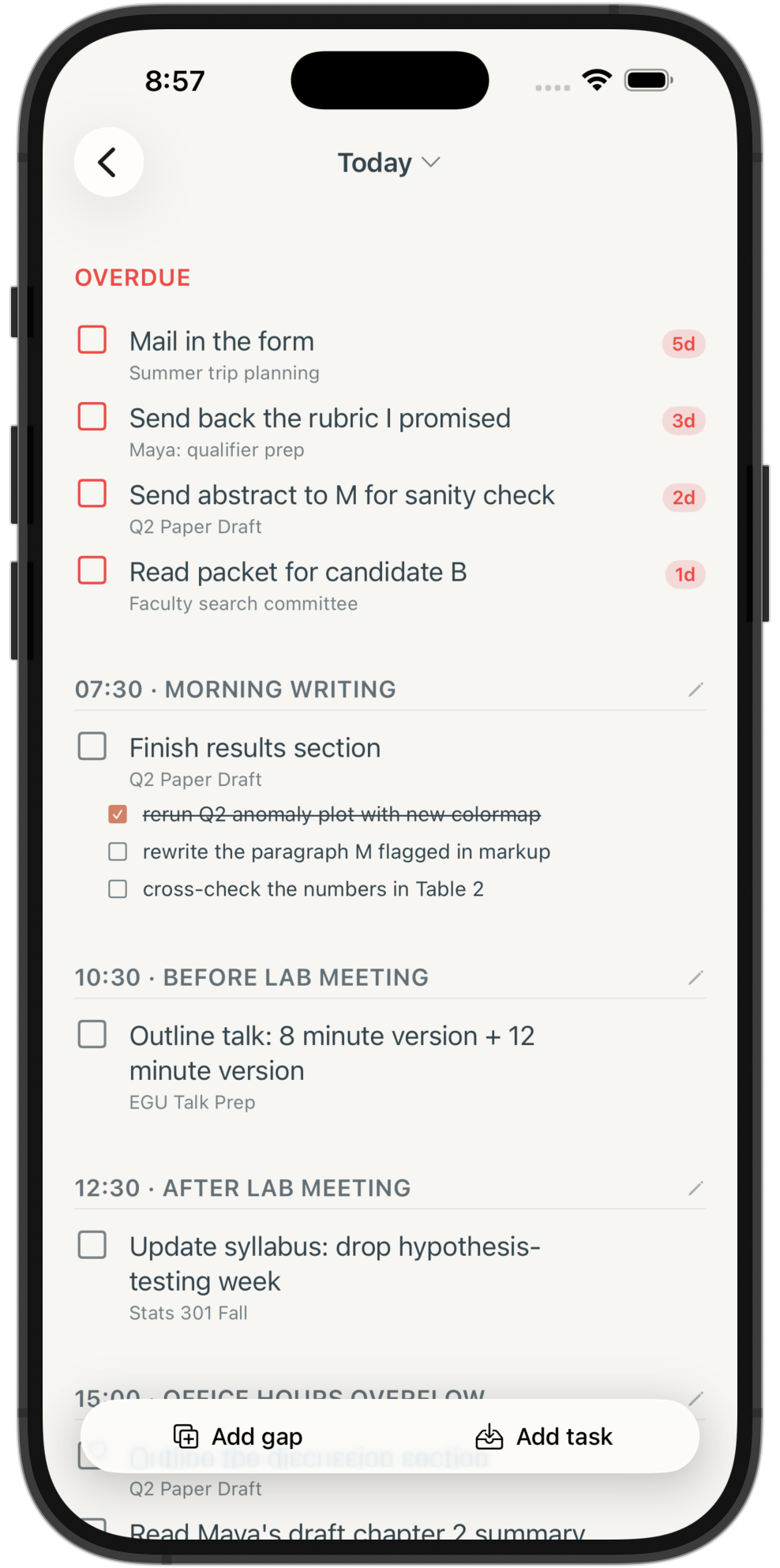 The DayGaps iPhone Today view, the same gaps and tasks the Mac shows, in a single column