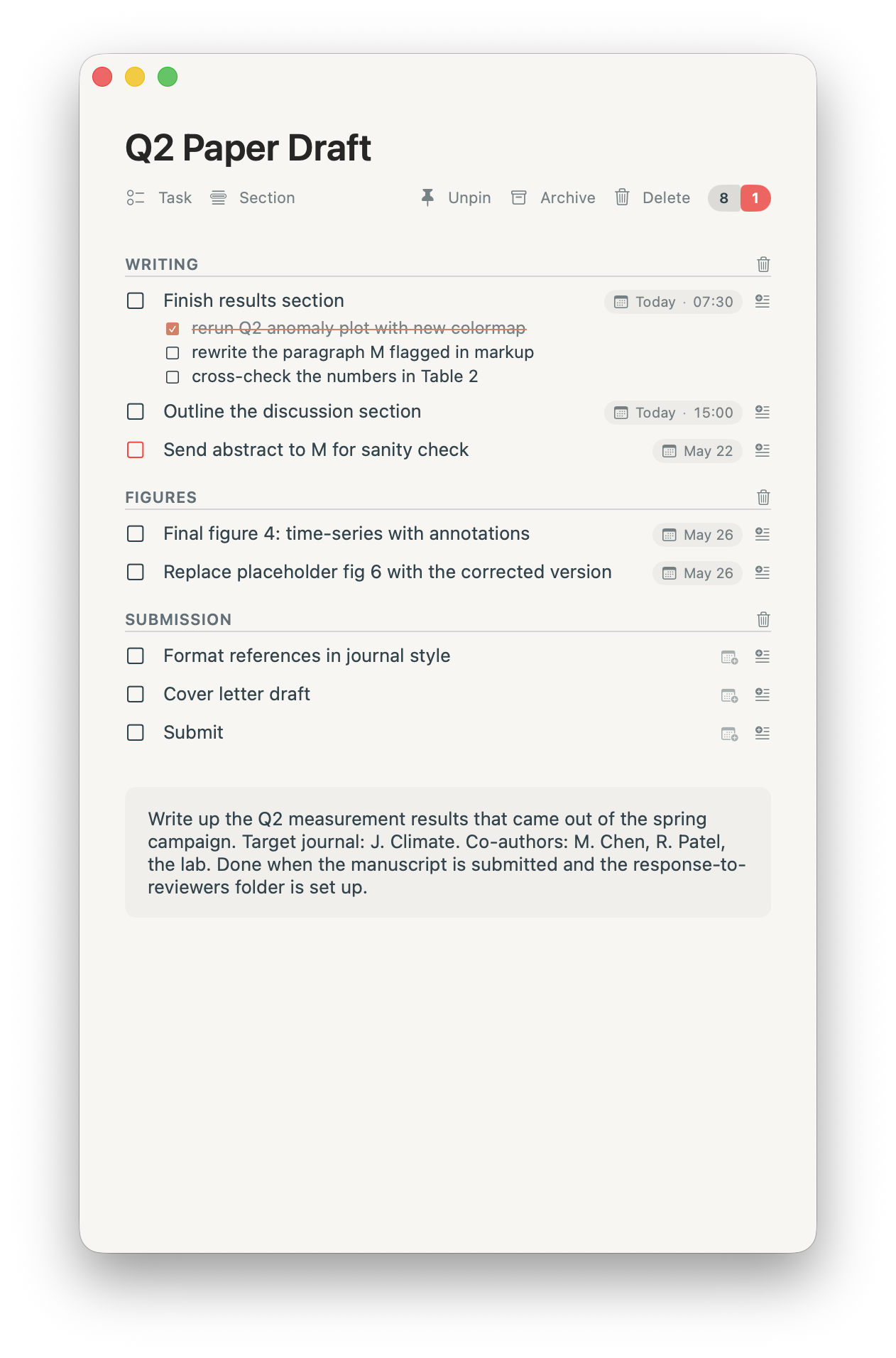 The Q2 Paper Draft project as it appears in DayGaps