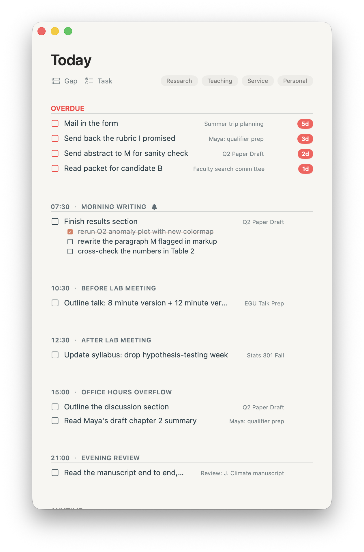 A standalone DayGaps window for a single gap, with just its tasks and nothing else